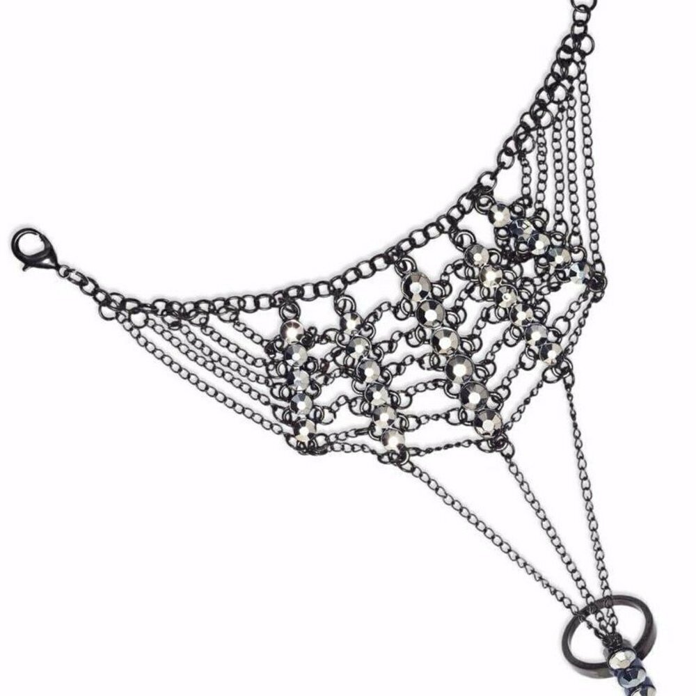 𝅺MATERIAL Girl Webbed Hand Jewelry Black Rhinestone Bracelet Ring